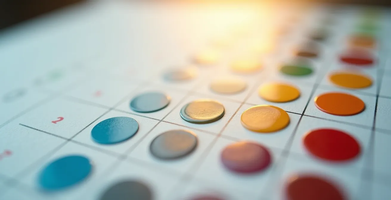 Vue macro d'un calendrier avec des pastilles colorées marquant les périodes optimales de réservation