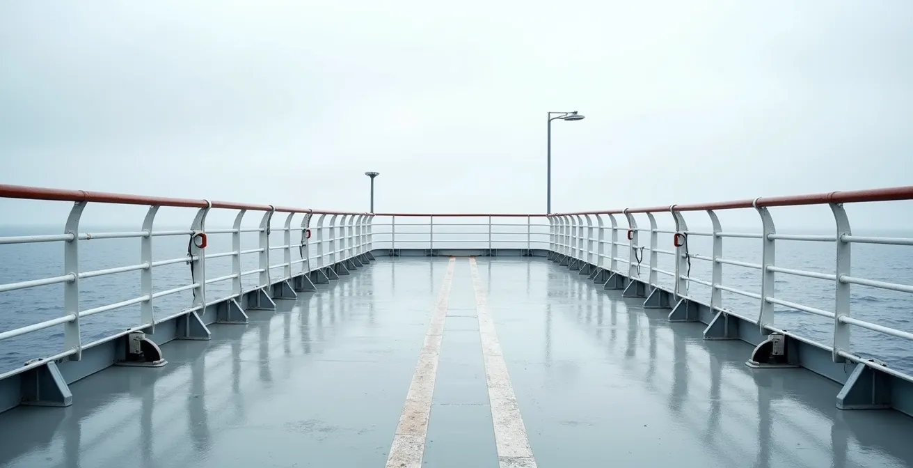 Vue large du pont supérieur d'un ferry avec l'horizon méditerranéen et l'espace négatif du ciel