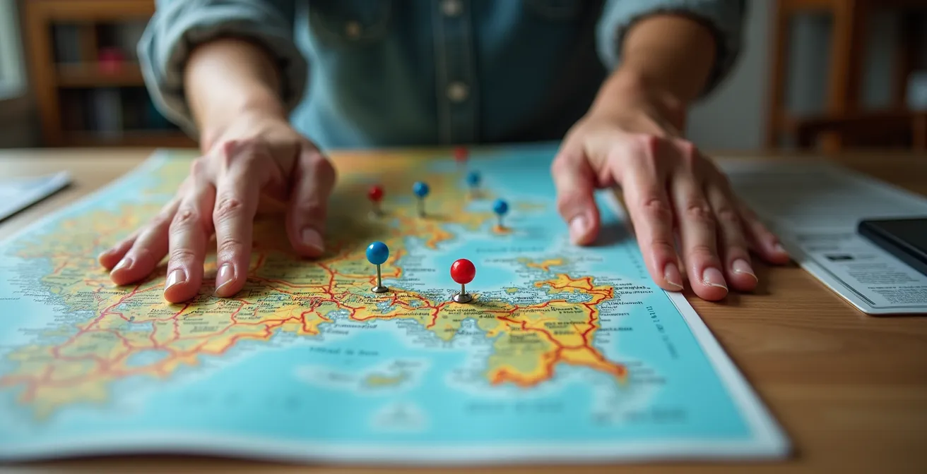 Gros plan sur les mains d'un voyageur étudiant une carte routière de France avec des épingles marquant les ports