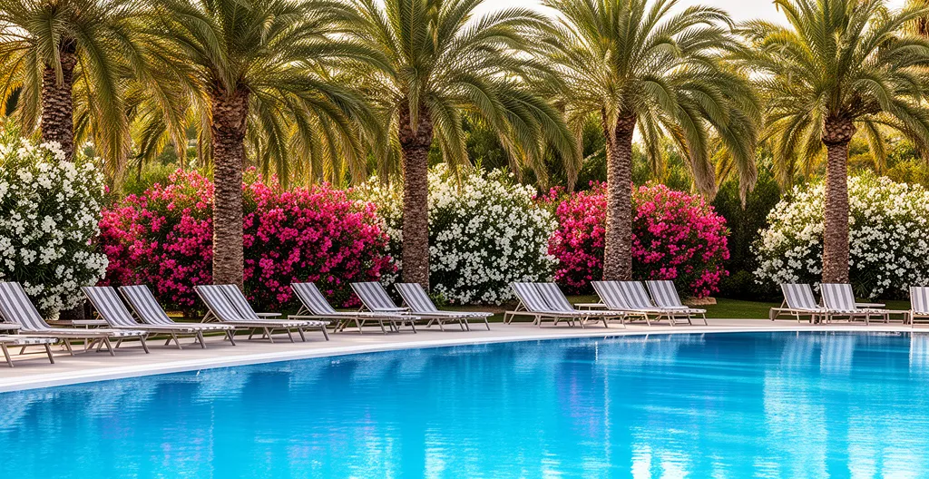 Piscine de résidence entourée de palmiers et lauriers roses, transats vides