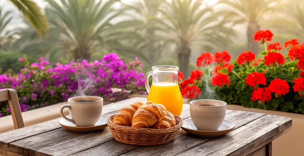 Table de petit-déjeuner dressée sur une terrasse privée avec jardin méditerranéen en arrière-plan