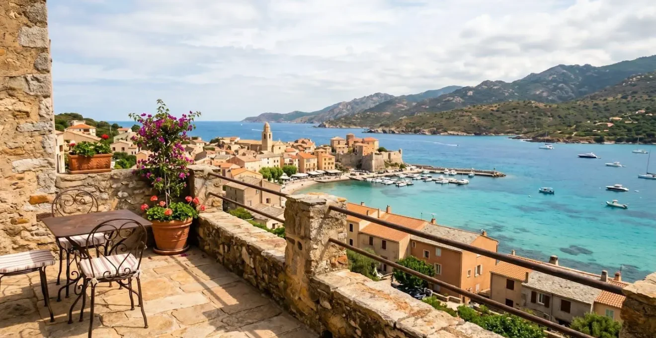 Vue depuis une terrasse d'appartement à Saint-Florent en basse saison, mer calme et village en arrière-plan