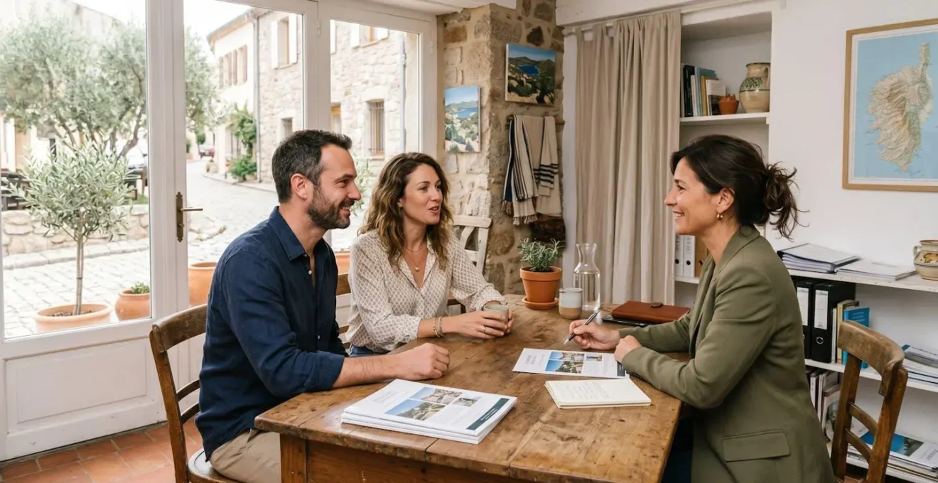 Couple en discussion avec un conseiller immobilier dans une agence lumineuse à Saint-Florent, Corse