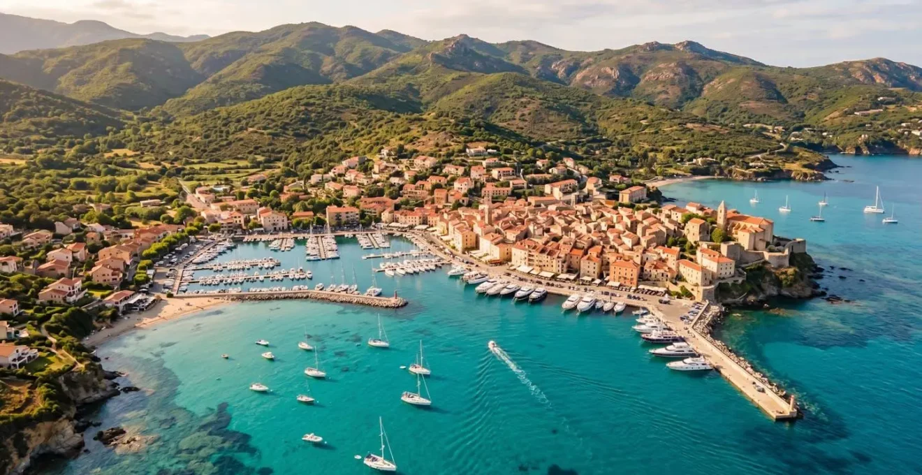 Vue aérienne de Saint-Florent en Corse, port naturel, mer turquoise et toits de tuiles, ambiance estivale apaisée